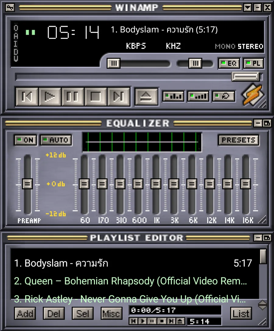 Droidamp บนแท็บเล็ต: หน้าต่างหลัก Equalizer และ Playlist ใน Modern Skin Winamp3 Classified